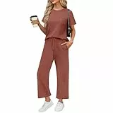 DHYUEN Yoga Set Damen Mit Taschen Casual Kurzarm Und Kurz Hose Sport Set Casual Y2k Hausanzug Loungewear Set Vintage Hosenanzug Festlich Elegant 2 Teilig Hochzeit Lounge Set（2-Light Brown，L）