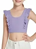 Haloumoning Mädchen Crop Top Sport BHS Rüschen Unterwäsche Fliegende Ärmelloses Ruffle Bauchfrei Yoga Ballett Tshirt für Kinder Tank Tops Lila 130