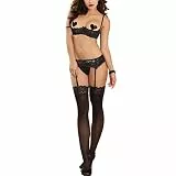 ROSVAY Sexy Dessous Set Spitze für Damen 4TLG Regal-BH mit Nippel Schild Strumpfgürtel Strümpfe und String, Strapsen Reizwäsche für Frauen, Lingerie Unterwäsche Set für Cosplay Rollenspiel Schwarz