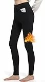 LYRIKER Thermo Leggings Gefüttert Damen Winter Fleece Thermoleggings aus Baumwolle Thermoleggins mit Taschen Schwarz XL-XXL