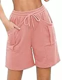 Aottori Shorts Damen Sommer Sporthose Kurz Baumwolle Laufshorts Lockere Sweathose High Waist Jogginghose mit Taschen und Kordelzug für Sport Fitness Running Gym Rosa XXL