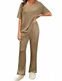 Niwicee Zweiteiler Damen Loungewear Set 2 Piece Outfits Homewear Schlafanzug Sommer Elegant Oberteil mit V-Ausschnitt und Weites Bein Hosen Lounge Sleepwear Freizeit Sets(Khaki,L)