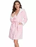 Ekouaer Bademantel Damen Frottee Flauschig Weich Kapuze Knielang Kurz Hausmantel Morgenmantel Fleece Sauna Spa Robe Rosa M