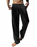 YAOBAOLE Leinen Freizeithose Herren Loose Fit Herren-Hosen mit Elastischer Taille Leinen Taschenhose Herren Schwarz L