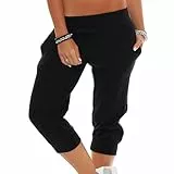 Gennadi Hoppe 3/4 Damen Sporthose Baumwolle Dreiviertel Hose Capri Shorts Frauen Knielang - Jogginghose/Trainingshose für Sommer Lässig Fitnesshose wadenlang, sportlich, figurbetont schwarz L H6606