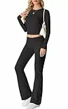 IWOLLENCE Hausanzug Damen Jogginganzug Set Lounge Set 2 Teiler Sportanzug Damen Y2K Outfit Homewear mit Crop Top und Schlaghosen (Schwarz, XL)