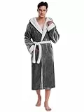 vislivin Flauschig Morgenmantel Herren Lang Bademantel mit Kapuze Plüsch Warme Hausmantel Fleece Bath Robe Dunkelgrau-Weiß L