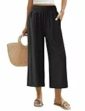 Niwicee Leinenhose Damen Sommer 3/4 Culotte Leichte Weite Leinenhose Sommerhose Elastische High Waist Loose Freizeithose Elegante Lounge Hosen mit Taschen (Schwarz, M)