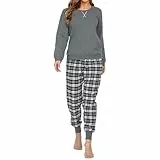 Mnemo Schlafanzug Damen 100% Baumwolle Bequemer Pyjama Damen Baumwolle mit Karomuster (Grau & Schwarz, XL)