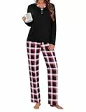 Uniexcosm Schlafanzug Damen Lang Zweiteiliger Herbst Winter Pyjama Set Baumwolle V-Ausschnitt Oberteil und Karierte Pyjamahose Schlafanzüge für Frauen B:Schwarzblau M