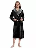 Ymmchy Bademantel mit Kapuze Damen Flauschig Morgenmantel Warm Lang Bademäntel Fleece Saunamantel Schwarz L