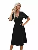 KOJOOIN Sommerkleid Damen V-Ausschnitt Kurzarm Kleider Casual Midikleid A-Linie Wickelkleid Hochzeit Festlich mit Gürtel Schwarz S （Verpackung MEHRWEG）