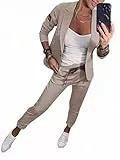 Minetom Damen Hosenanzug Zweiteiler Elegant Business Anzug Set Revers Büro Langarm Anzugjacke Blazer Hose A Khaki M