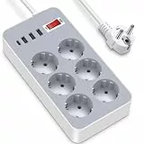 Steckdosenleiste, 4 USB-Anschlüsse (3 USB A+1 USB C) und 6 Steckdosenleisten, Überspannungsschutz, Mehrfachsteckdose, für Steckdosen zu Hause/Büro/Geschäft, Kabel 1,8 m