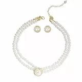 FDDU Edelstahl Rund, Weiß Perlen Ketten, Perlen Kette Ohrringe Schmuckset, Perlenohrringe Brautschmuck Set, Perle Brautschmuck Schmuckset, Mädchen Anhänger Halskette Ohrringe Set für Frauen Braut