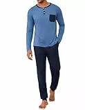 Uniexcosm Schlafanzug Herren Lang Winter Zweiteiler Baumwolle Pyjama Set Langarm Oberteil mit Knöpfen und Pyjamahose Nachtwäsche für Männer Kobaltblau 4XL