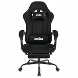 SUKIDA Gaming Stuhl Stoff, Ergonomischer Gaming Chair mit Fußstütze, Verstellbarer Racing Computerstuhl mit Lordosenstütze, Schwarz Ergonomisch PC-Stuhl