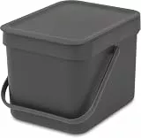 Brabantia Sort & Go Abfalleimer mit Deckel 6 L (grau), platzsparender Biomüll Behälter mit Griff, abnehmbarer, feststellbarer Deckel, leicht zu reinigender kleiner Mülleimer ohne Ecken und Ränder