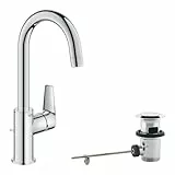 GROHE StartEdge, Waschtischarmatur hoch, wassersparend (Wasserhahn für das Bad, Badarmatur mit Zugstangen-Ablauf, 31cm hoch, mit 3in1 Werkzeug, einfache Installation am Waschbecken), chrom, 24201001