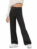 Haloumoning Schlaghose Mädchen Flared Yoga Leggings Bootcut Knopf Hohe Taille Sporthosen mit Taschen, Schwarz, 10-12 Jahre