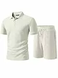 JMIERR Jogginganzug Herren Set 2-Teiliger Sommer Trainingsanzug Casual Textured Poloshirt Herren mit Baggy Shorts Freizeitanzug Männer Sportanzug Tracksuit Sets,Beige L