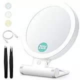 B Beauty Planet Vergrößerungsspiegel mit Licht, 20-fache/1-fach Doppelseitige Tischspiegel,3 Farblichter, DimmbarerSchminkspiegel,Reisen Kosmetik Spiegel mit Beleuchtung,Weiß