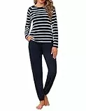 Uniexcosm Schlafanzug Damen Lang Zweiteiler Baumwolle Pyjama Set Rundhals Streifen Oberteil und Pyjamahose Winter Loungewear Marineblau M