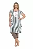 Ulla Popken Damen große Größen Übergrößen Plus Size Bigshirt, Streifen, Schriftzug, Rundhals, Cap-Ärmel olivgrün 54+ 849093430-54+
