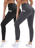 DDOBB 2er Pack Sport Leggings Damen High Waist Sportleggins Damen Lang Mit Taschen Gym Leggins Blickdicht Schwarz Sporthose Elastische Bauchweg Yogahose Fitness Laufhose(Schwarz+Dunkelgrau,XXL)