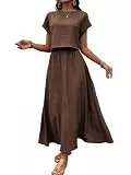 SweatyRocks Damen Rock und Top Sets Zweiteiler Casual Set 2 Teiliger Sommer Outfits T Shirt und Maxirock mit Elastischer Bund Sets Freizeitanzug Kaffeebraun M