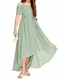 Haloumoning Mädchen Kleider Schulterfrei Sommer Festlich Kleid Kinder Einfarbig Partykleid Elegant Blumenmädchenkleid Geburtstag Trägerkleid, Grün, 10-12 Jahre