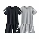 XINYUNZU 2er Pack Trainingsanzug Kinder Sommer Jogginganzug Schnelltrocknend Sportanzug Kurz T-Shirt und Shorts Set Sportkleidung Tshirt + Kurze Hose Tracksuit Activewear für Jungen Weiß 9-10 Jahre
