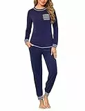 Marvmys Schlafanzug Damen Lang Winter Baumwolle Zweiteiliger Pyjama Set Rundhals Kontrast Streifen