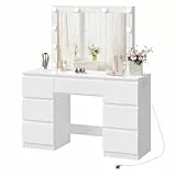 WOLTU Schminktisch mit LED-Beleuchtung Steckdose Spiegel, einstellbare Helligkeit, Kosmetiktisch mit 7 Schubladen, Weiß, 110x140,5x39,5 cm, MB6124ws
