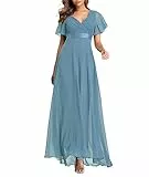 ECDAHICC Damen Abendkleider Gürtel V-Ausschnitt Hohe Taille A-Linie Chiffon Brautjungfernkleid Elegant Lang Ballkleid(AB,XL)