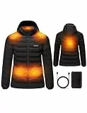HEWINZE Beheizbare Jacke Damen mit kapuze,Warme Pufferjacke Damen mit akku 7.4V,Doppelschaltersteuerung Winterjacke für Outdoor Wandern Jagd Motorrad