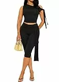 TZLDN Damen Hosenanzug Off Shoulder Tank Top Capri Hosen Leggings Zweilteiler Set Elegant Sexy Freizeitanzug Schwarz M