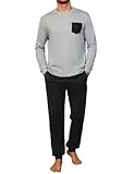 Crewhpo Schlafanzug für Herren Pyjama Baumwolle in Kontrastfarbe Pyjamas Langarm Schlafanzüge Männer Zweiteiliger Lang Nachtwäsche mit Rundhalsausschnitt Winter