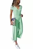 Cassiecy Jumpsuit Damen Elegant Kurzarm Playsuit V-Ausschnitt Casual Lose Overalls Lang Romper(M, Grün-2