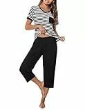 Crewhpo Schlafanzug Damen Kurz Pyjama Kurzarm Baumwolle mit V-Ausschnitt Nachtwäsche Set Zweiteiliger Gestreifter Top Kurzarm und 3/4 Lang Pyjamahose Loungewear Sommer