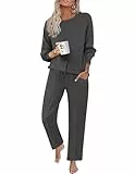 Ekouaer Schlafanzug Damen Pyjama Set Lang Zweiteiliger Nachtwäsche Sleepwear Pyjamahose Freizeitanzug, Dunkelgrau, S