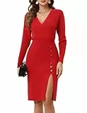 KOJOOIN Strickkleid Damen V Ausschnitt Langarm Pulloverkleid Elegant Wickelkleid Tunika Knielang Partykleid für Herbst Winter Weinrot M