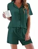 Ekouaer Schlafanzug Damen Kurz Pyjama Set Kurzarm Schlafanzüge Frauen Sommer Hausanzug Kurz Lounge Set Zweiteiliger Sleepwear mit Knöpfen und Taschen,Grün,L
