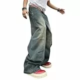 Zewool Herren Baggy Jeans mit unregelmäßigen Nähten lässige Mode Y2K Hip Hop Wide Leg Denim-Hosen Streetwear lockere Passform gerade Beinform entspannter Schnitt Skater Skateboard,C Retro-Blau,L