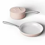 Ciarra Beyond Pfannenset 2 teiliges,Bratpfanne 26 cm + Stielkasserolle 20 cm mit Deckel Griff, Rosa Induktion Keramik PTFE-frei PFOA-frei PFAS-frei,Keramikpfanne induktionsgeeignet Backofenfest