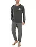 Crewhpo Herren Schlafanzug Baumwolle Zweiteiliger Pyjama Lang mit Rundhalsausschnitt Schlafanzüge Einfarbiger Männer Nachtwäsche Langarm Winter Hausanzug mit Tasche