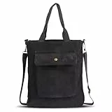 Cord Tasche Damen Umhängetasche mit Reißverschluss Schwarz, Shopper Lässige Tote Stofftasche Handtasche Schultertaschen Casual Crossbody Bag Verstellbarer Schultergurt für Arbeit Büro Reise Einkauf