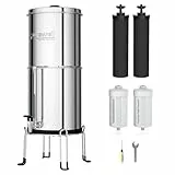 Purewell Schwerkraft-Wasserfilter 8,5L – Edelstahlbehälter mit 4 Filtern (Aktivkohle/Fluorid) Mit transparentem Wasserhahn – Entfernt 99% Fluoride, Chlor & Metalle – Stromfrei