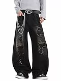 Zewool Herren Hip Hop Baggy Jeans Weite Beinform Skater Jeans Lässige Lockere Denim-Hosen Y2K Skateboard Streetwear Entspannte Passform Y2K Skateboard Zerrissen Abgenutzt Zerstört,A12 Schwarz,S