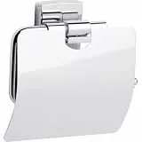 tesa KLAAM Toilettenpapierhalter mit Deckel, verchromt - WC-Rollenhalter zur Wandbefestigung ohne Bohren, inkl. Klebelösung - 142 mm x 95 mm x 47 mm, eckig
